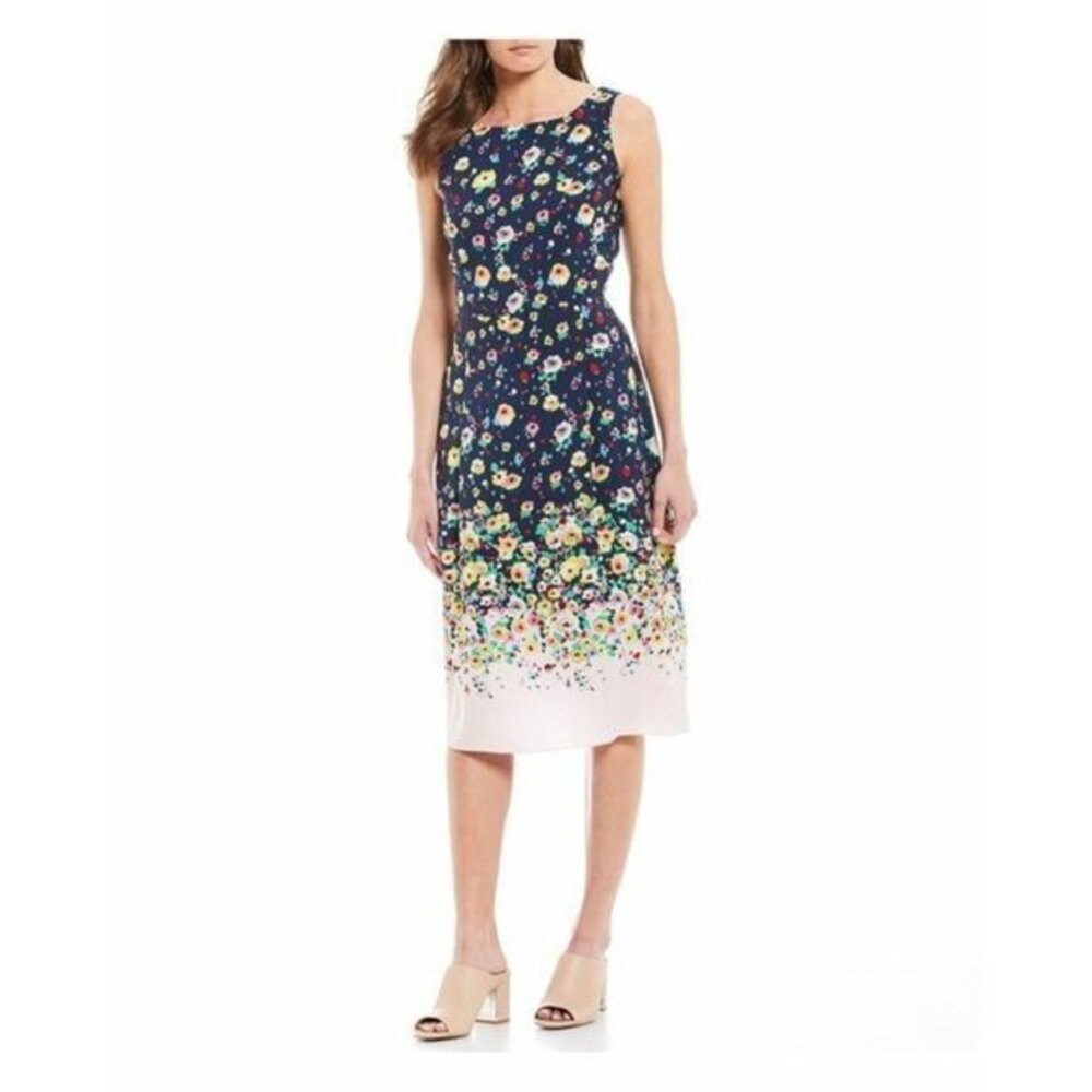 Karl Lagerfeld Paris Dress Floral Print Navy Pink Ombre Midi Crepe SZ 4 NWT $148